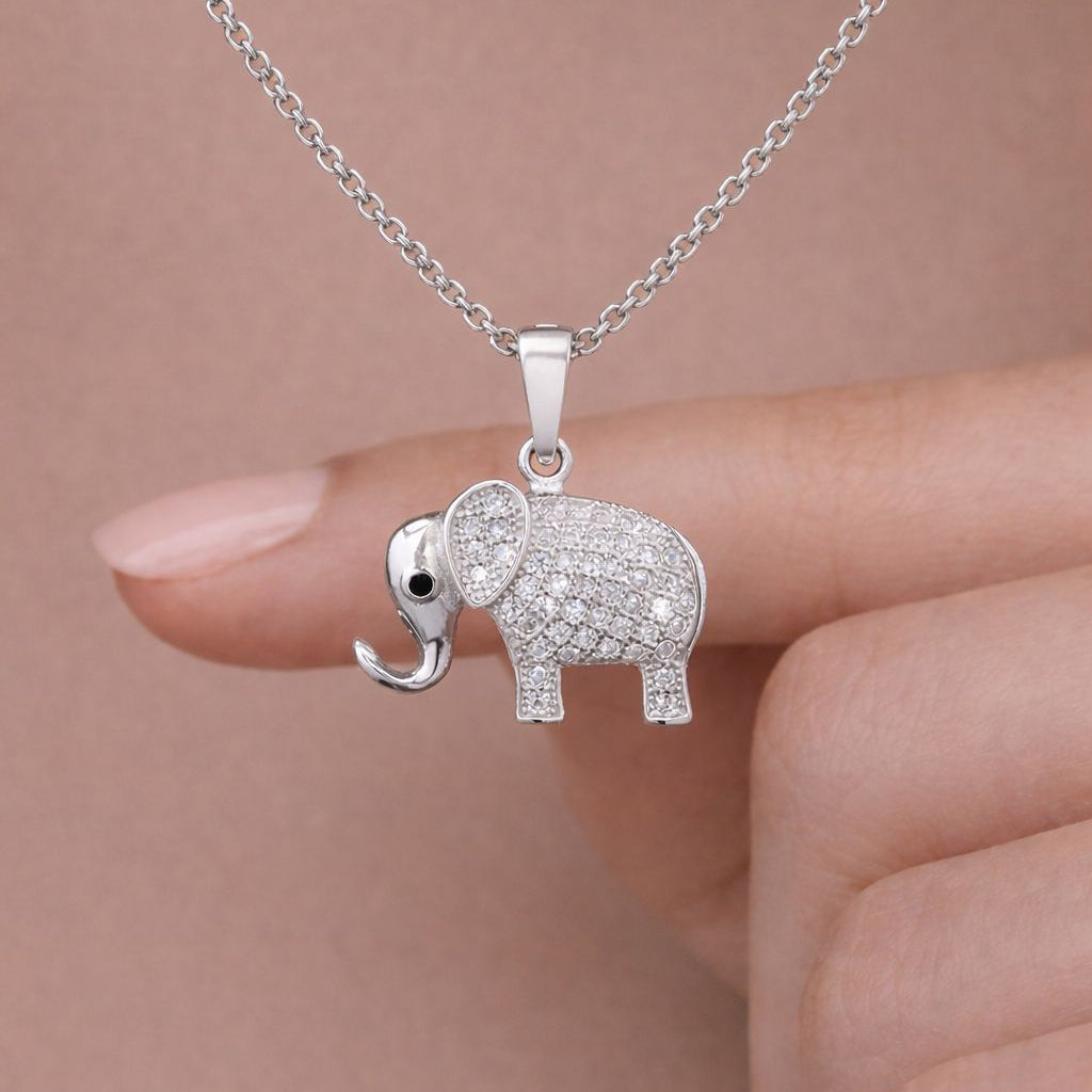 Solid Micro Setting Lucky Elephant Pendant with Chain on Pure 925 Silver