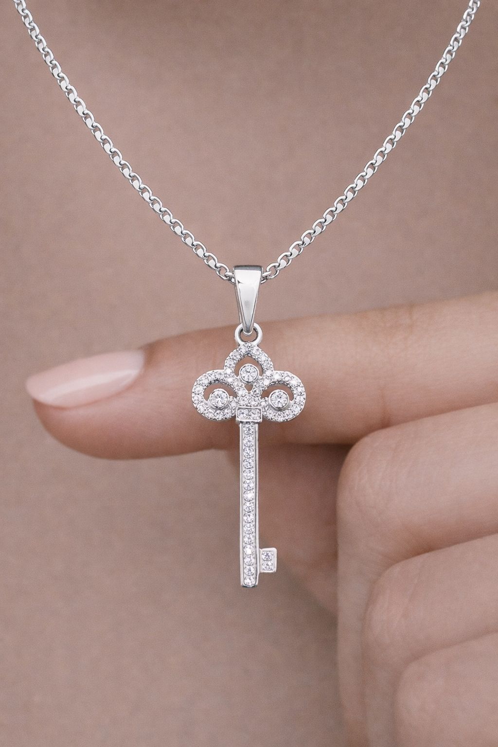 American Diamond Studded Hariette Key Pendant with Chain on Pure 925 Silver