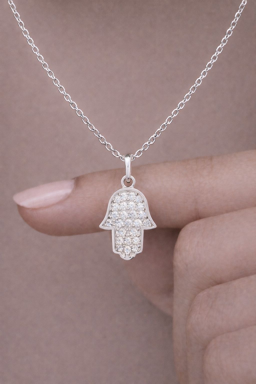 American Diamond Studded Hamza Pendant with Chain On Pure 925 Silver