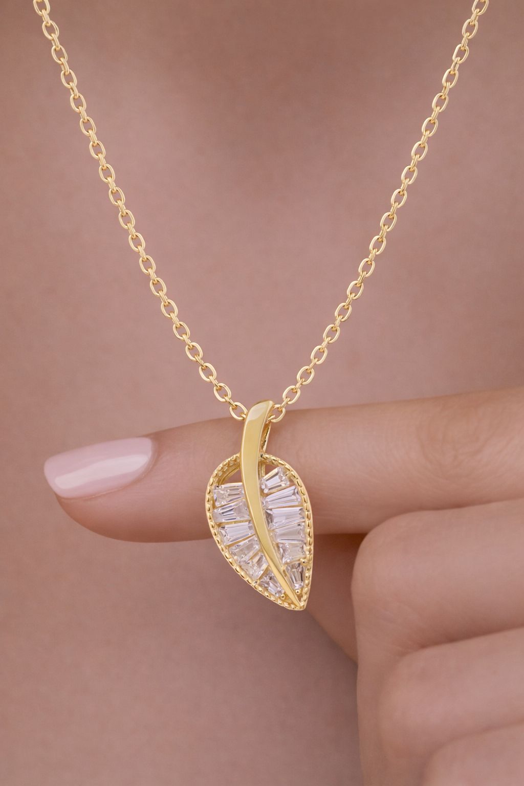 Golden Diamond Studded Leaf Pendant with Chain on Pure 925 Silver