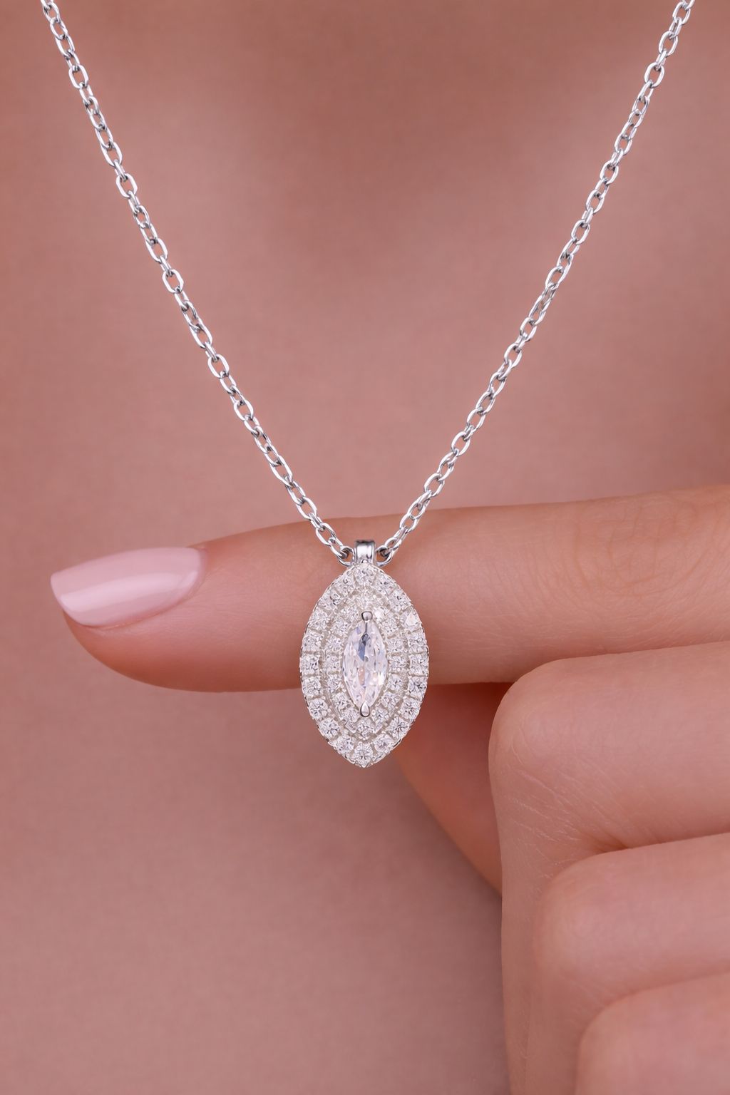 American Diamond Studded Marquise Pendant with Chain on Pure 925 Silver