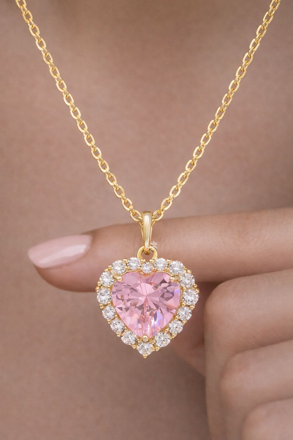 Pink Heart Solitaire Gold Finish Marie Pendant With Chain On 925 Silver