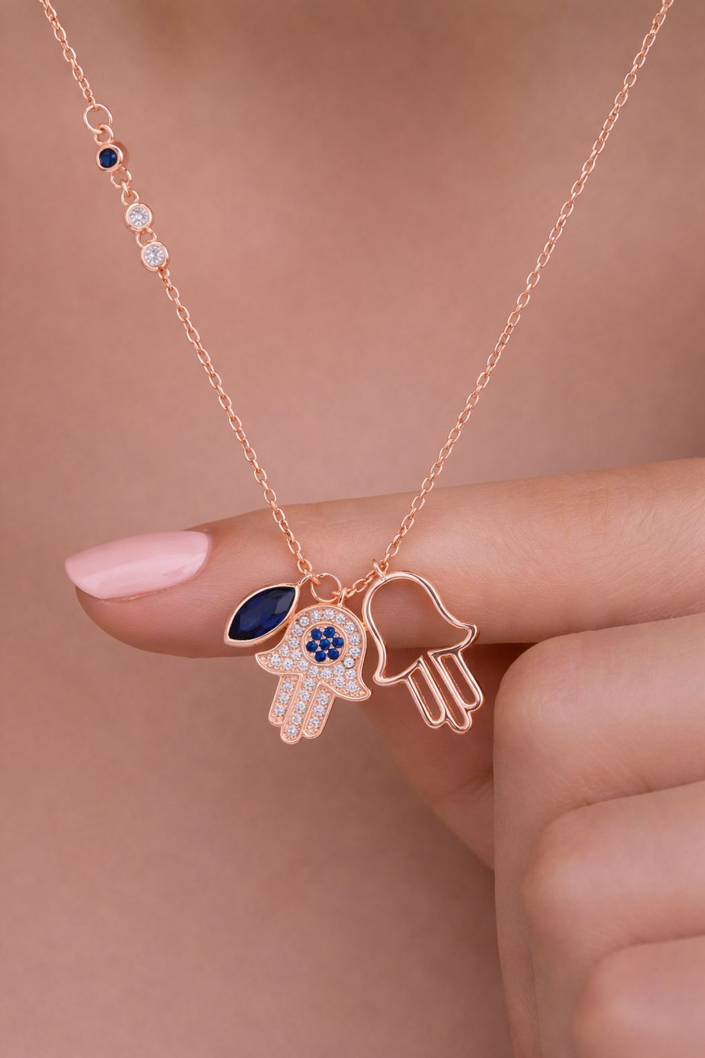 Diamond Studded Rose Gold Ruso Double Hamza Pendant with Chain on Pure 925 Silver.