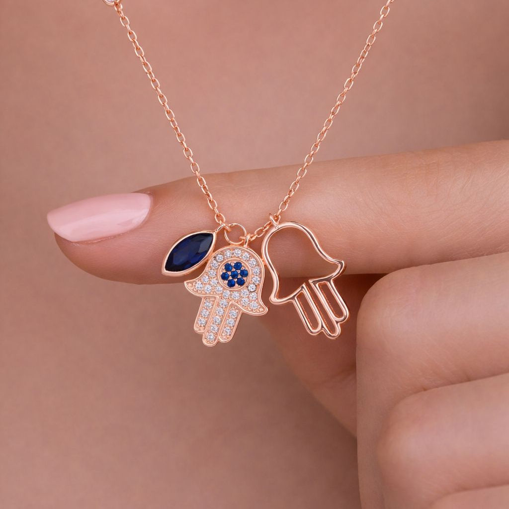Diamond Studded Rose Gold Ruso Double Hamza Pendant with Chain on Pure 925 Silver.