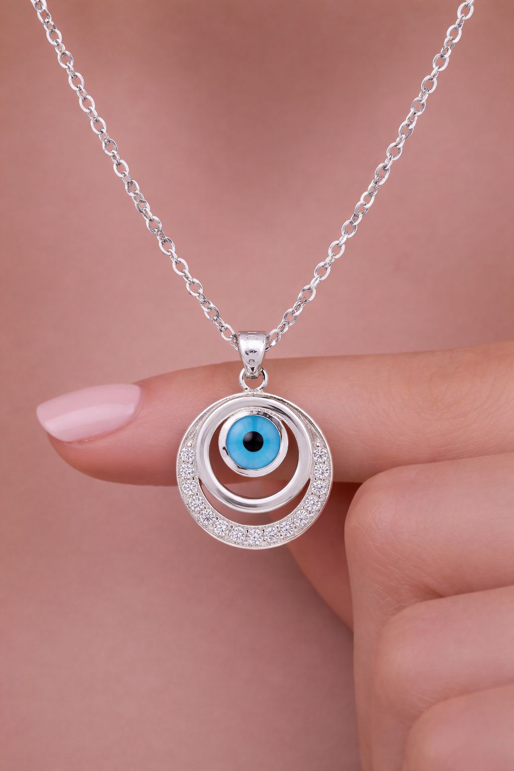 Double Layered Somy Evil Eye Pendant with chain on pure 925 Silver
