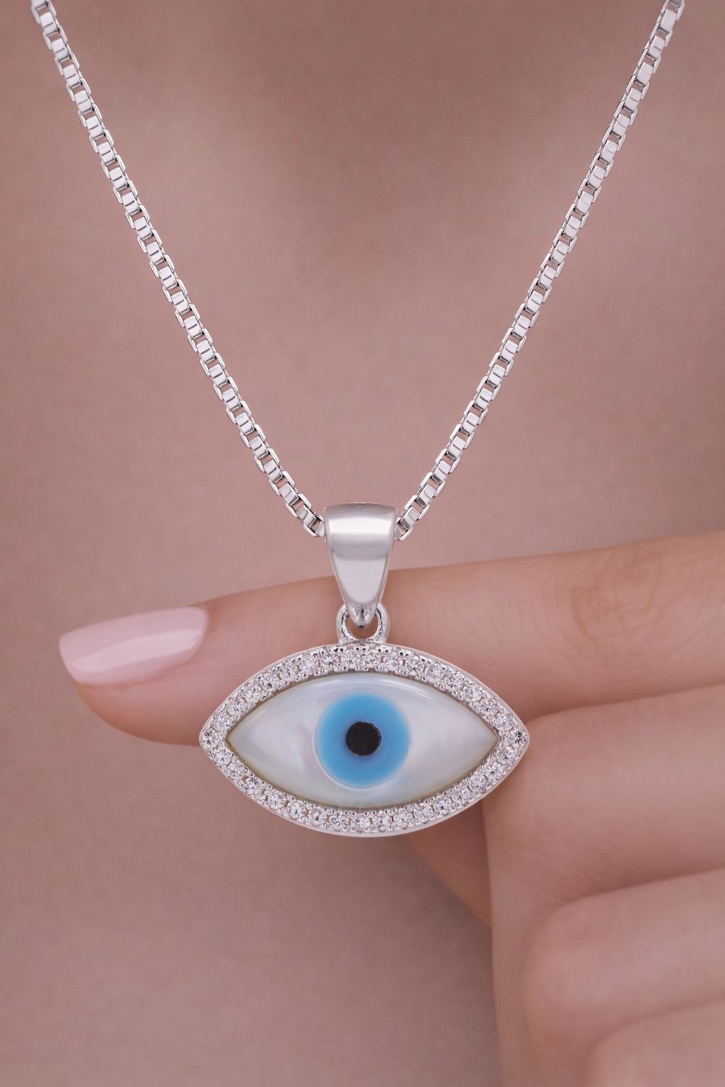 Mother of Pearl Solid Evil Eye Pendant with Chain on Pure 925 Silver
