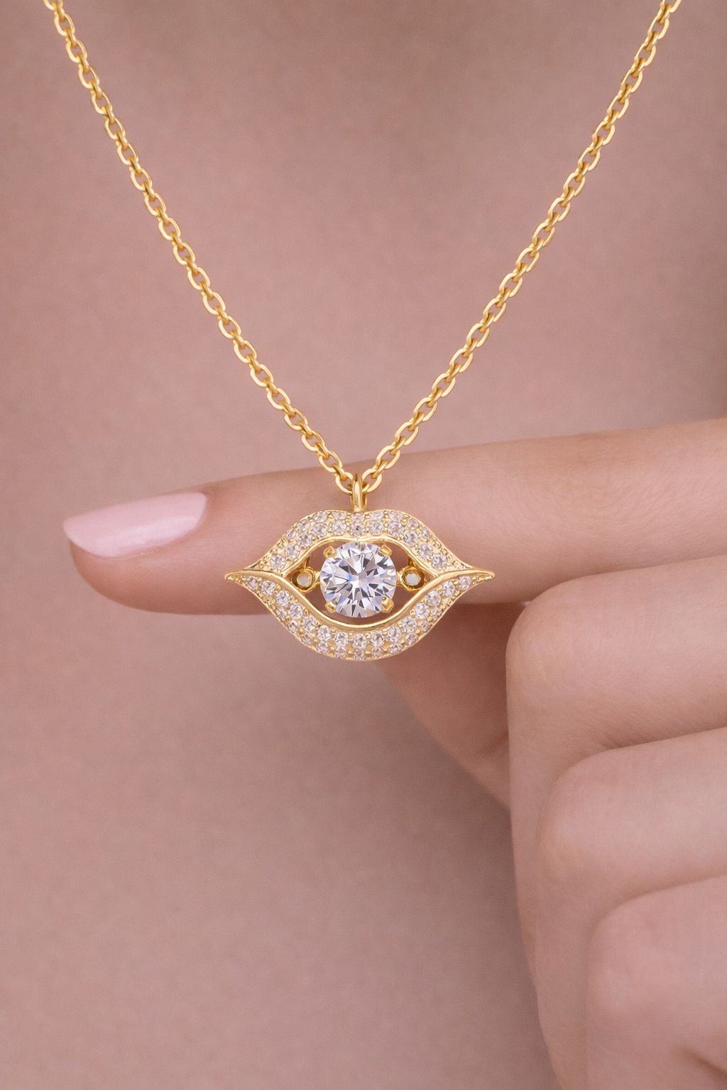 Exclusive Solitaire Danny Gold Finish Lip Pendant with Chain on Pure 925 Silver