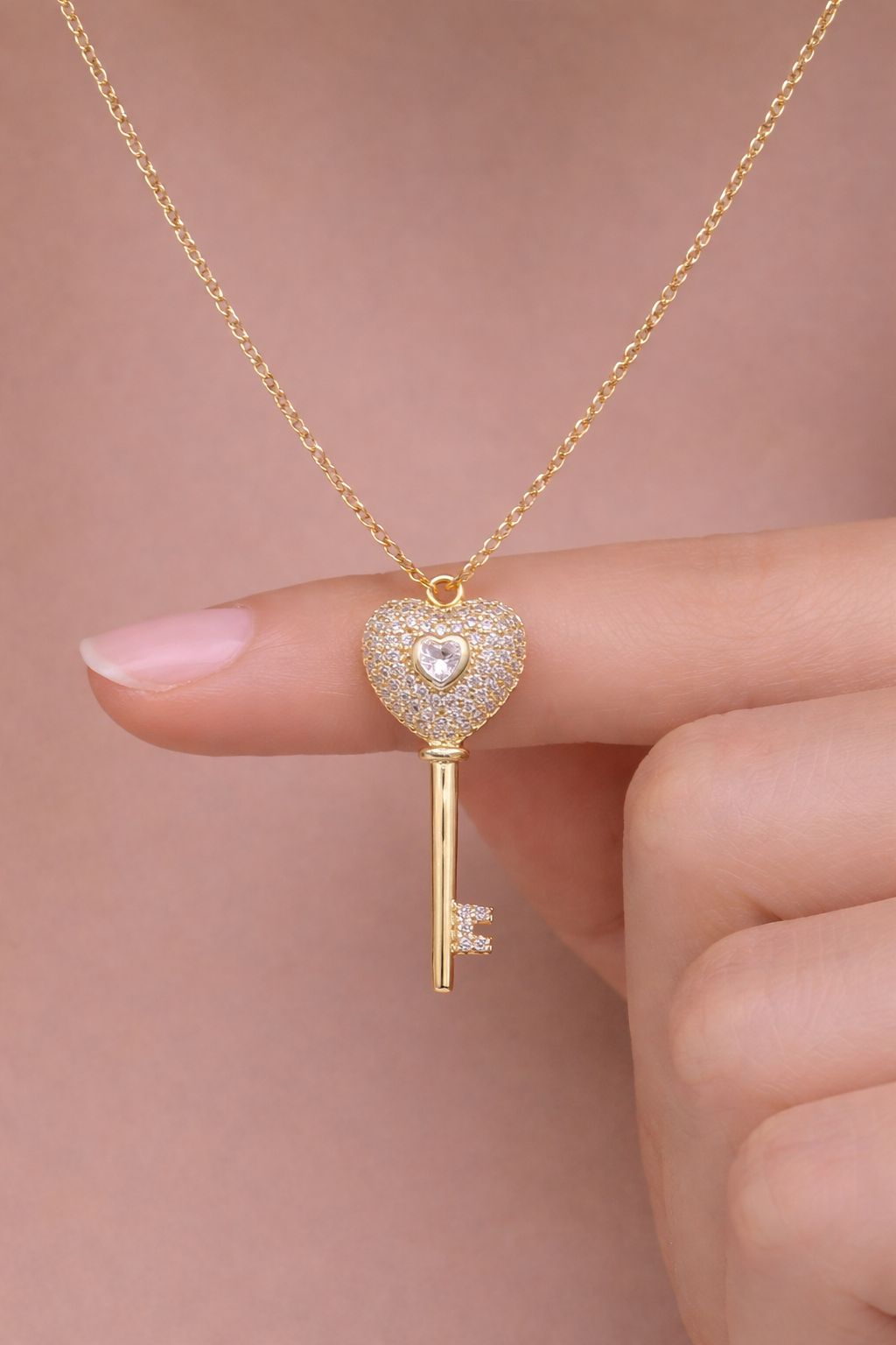 Premium Gold Finish Big Diamond Studded Key to my Heart Pendant with Chain on Pure 925 Silver
