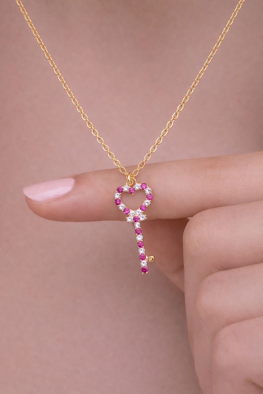 Ruby and Diamond Studded Key to my Heart Rose Gold Pendant with Chain on Pure 925 Silver.