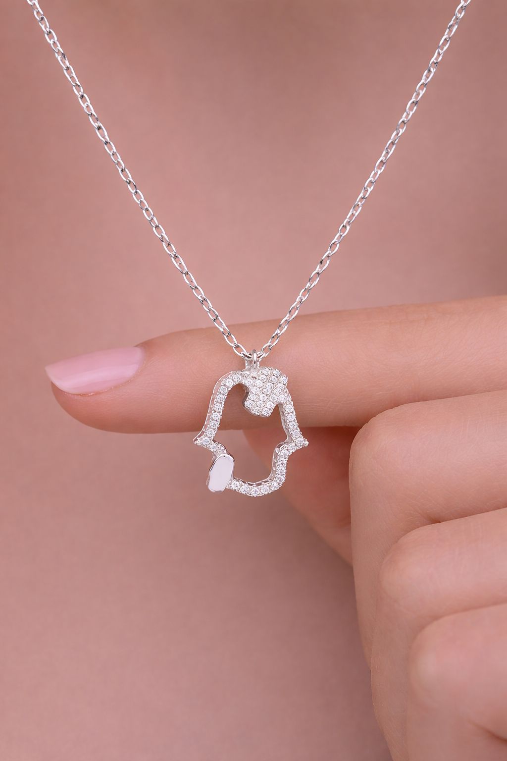 American Diamond Studded Hamza Eva Pendant with Chain on Pure 925 Silver.