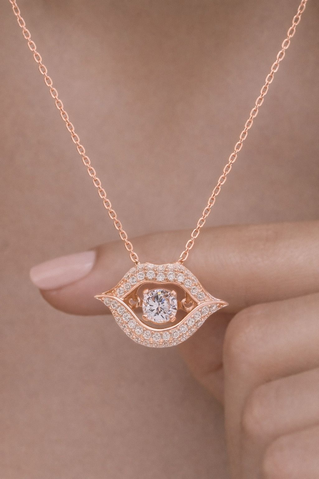 Exclusive Solitaire Danny Rose Gold Finish Lip Pendant with Chain on Pure 925 Silver