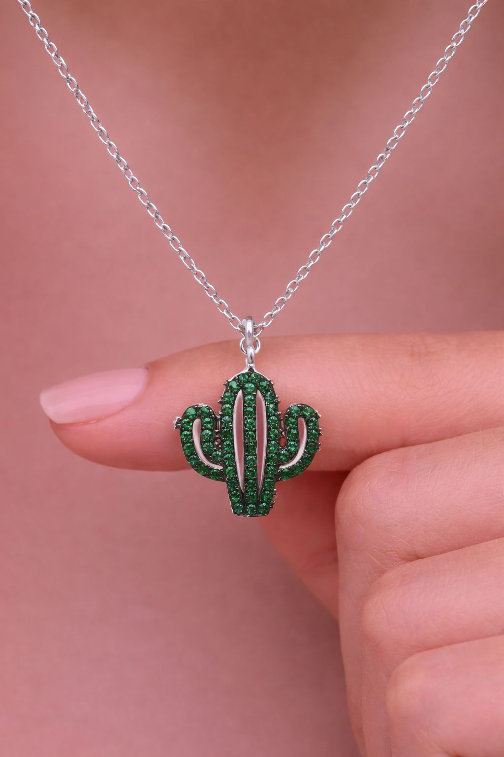Green Cactus Pendant with Chain on Pure 925 Silver