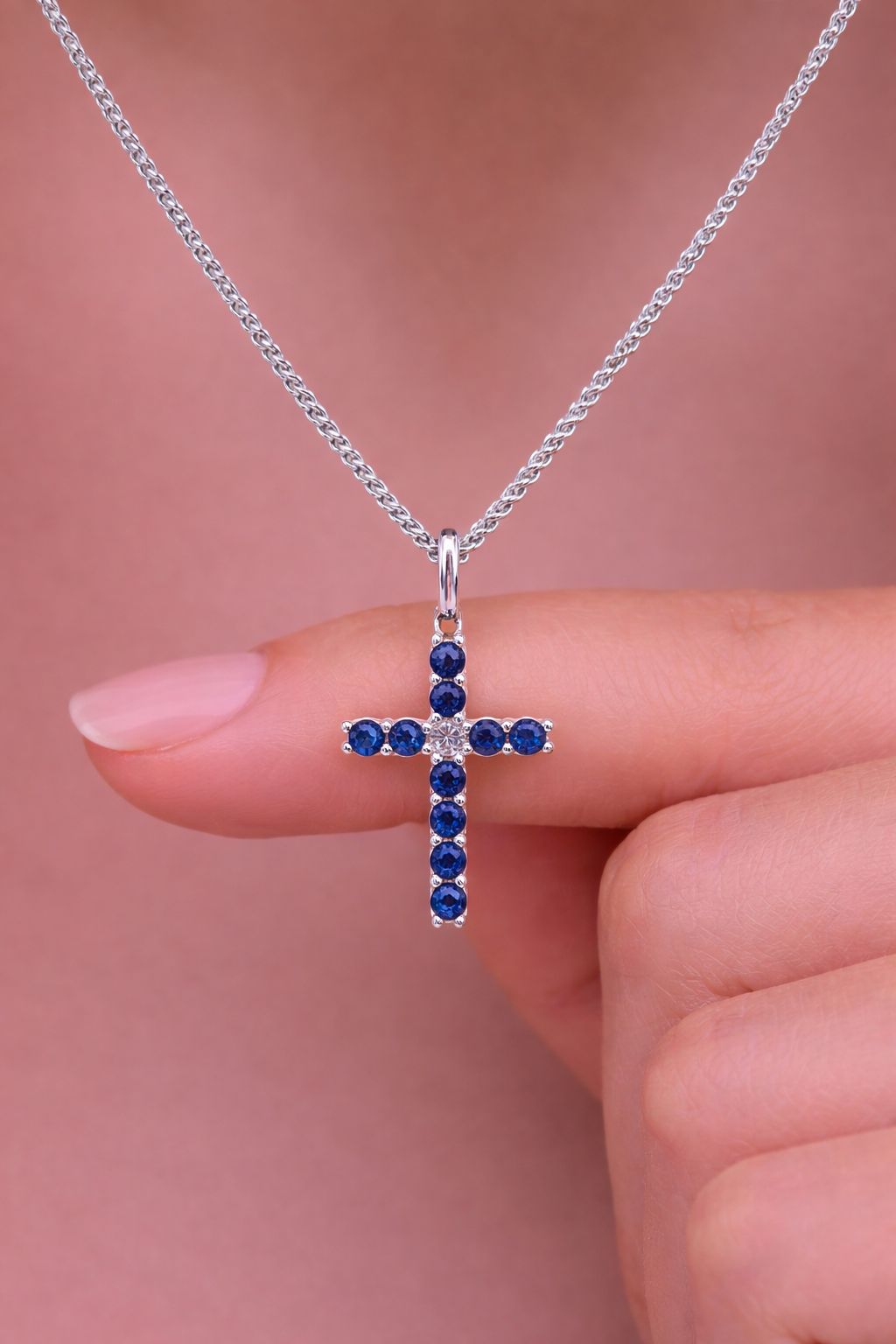Blue Diamond Cross Pendant with Chain on Pure 925 Silver