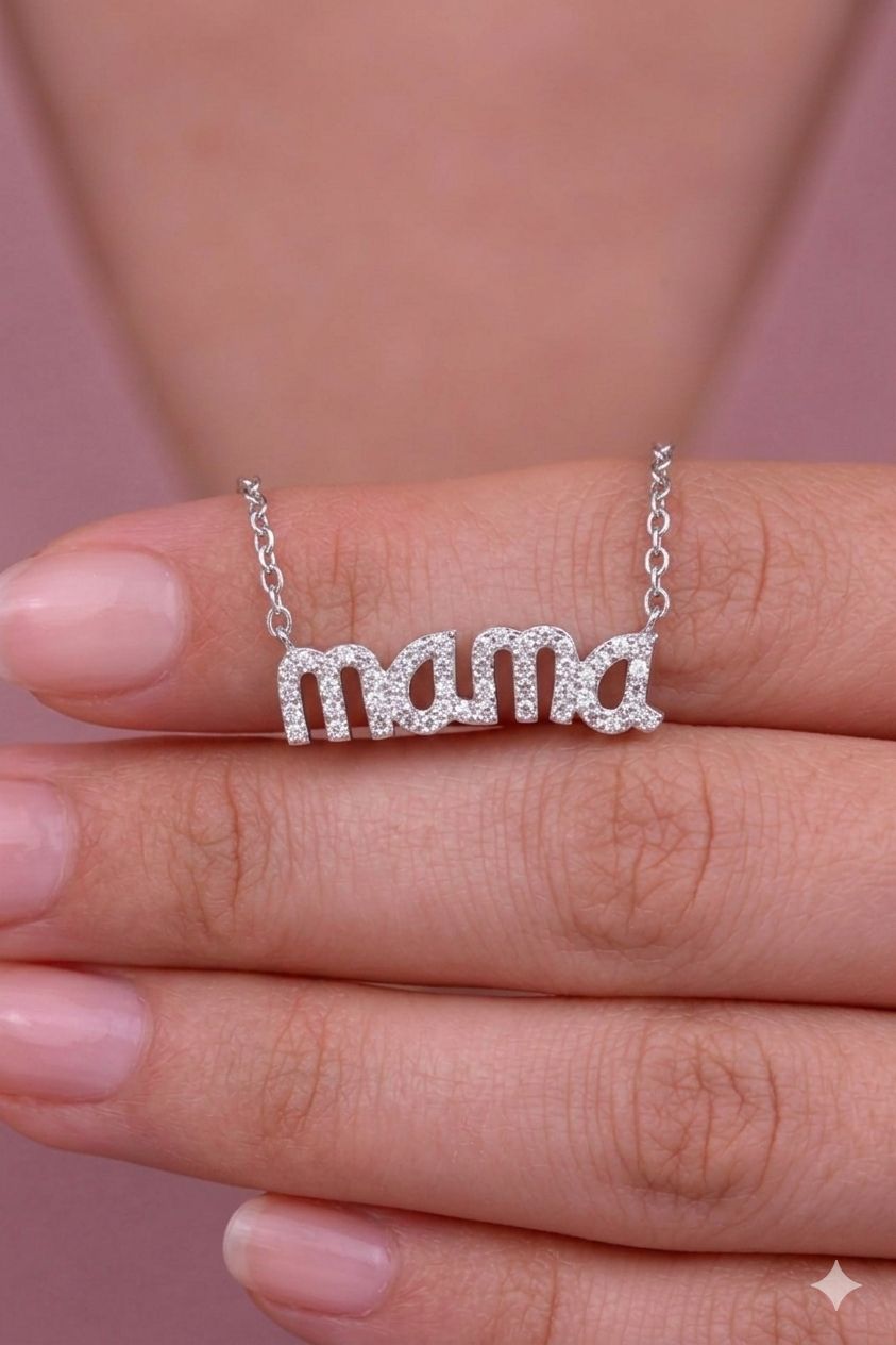 American Diamond Studded Mama Pendant with chain on Pure 925 Silver.