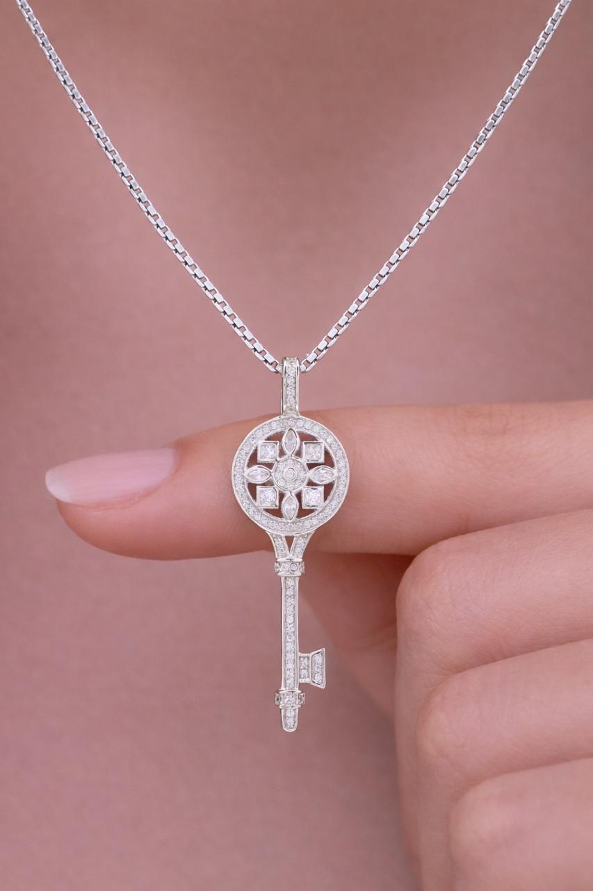 Azga Diamond Studded Key Pendant with Chain on Pure 925 Silver