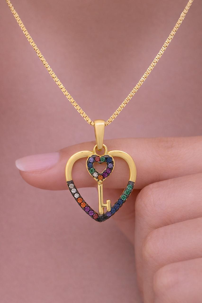 Heart and Key Multi Diamond Gold Finish Pendant on Pure 925 Silver