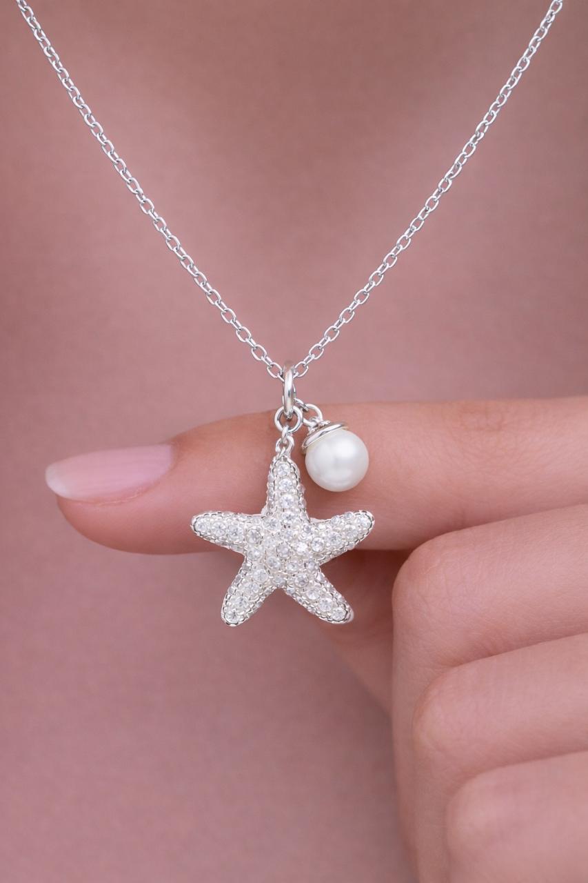 American Diamond Studded Star with Pearl Rylee Pendant with Chain on pure 925 Silver.