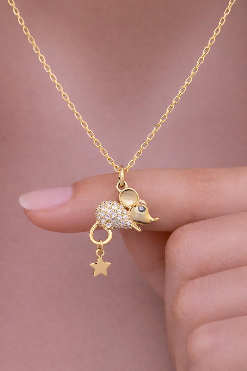 Pure 925 Silver American Diamond Studded Gold Finish Jerry Mouse Pendant With Chain