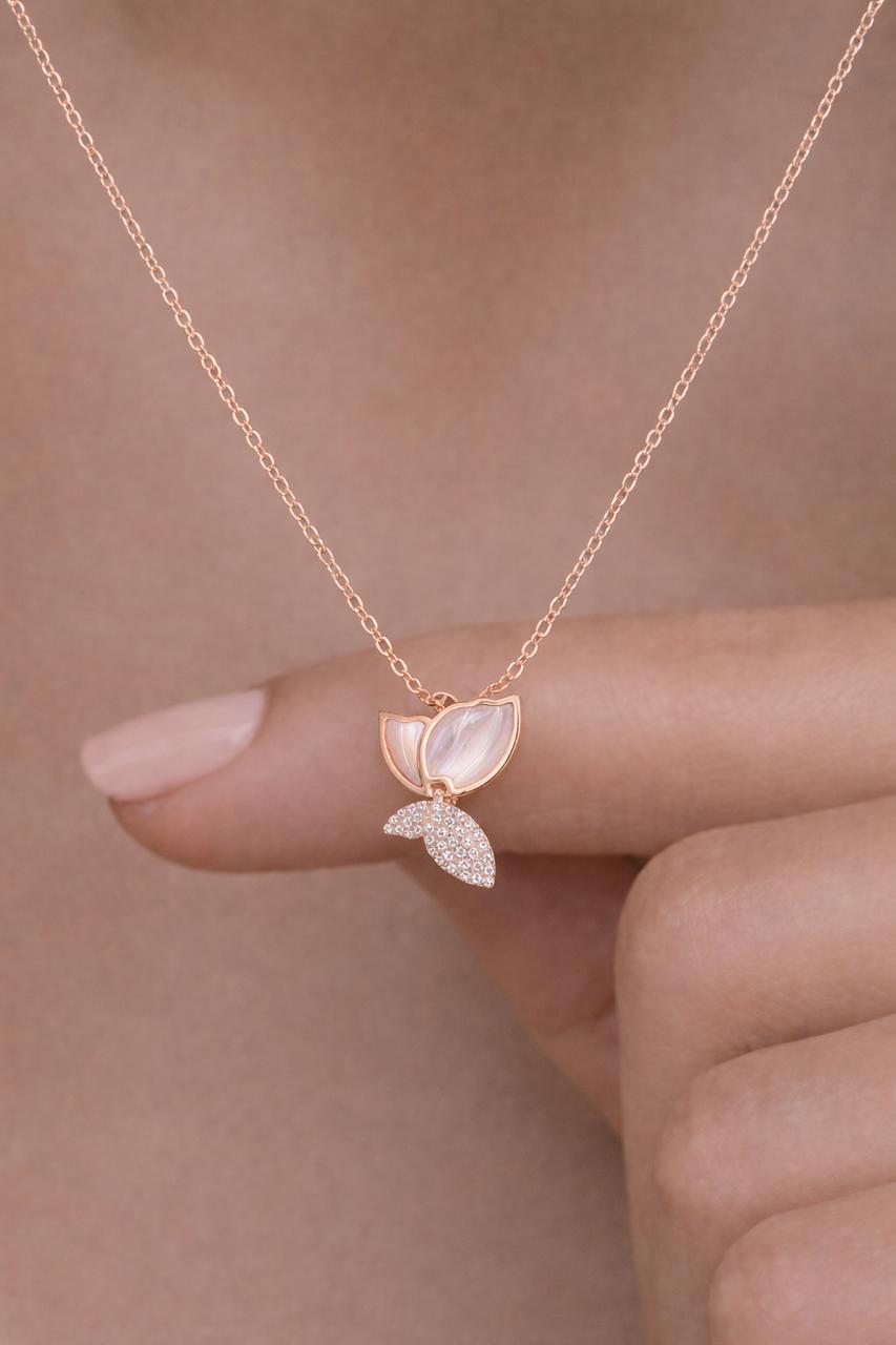 Rose Gold Finish American Diamond Studded Mother Pearl Butterfly Serena Pendant with Chain on Pure 925 Silver.