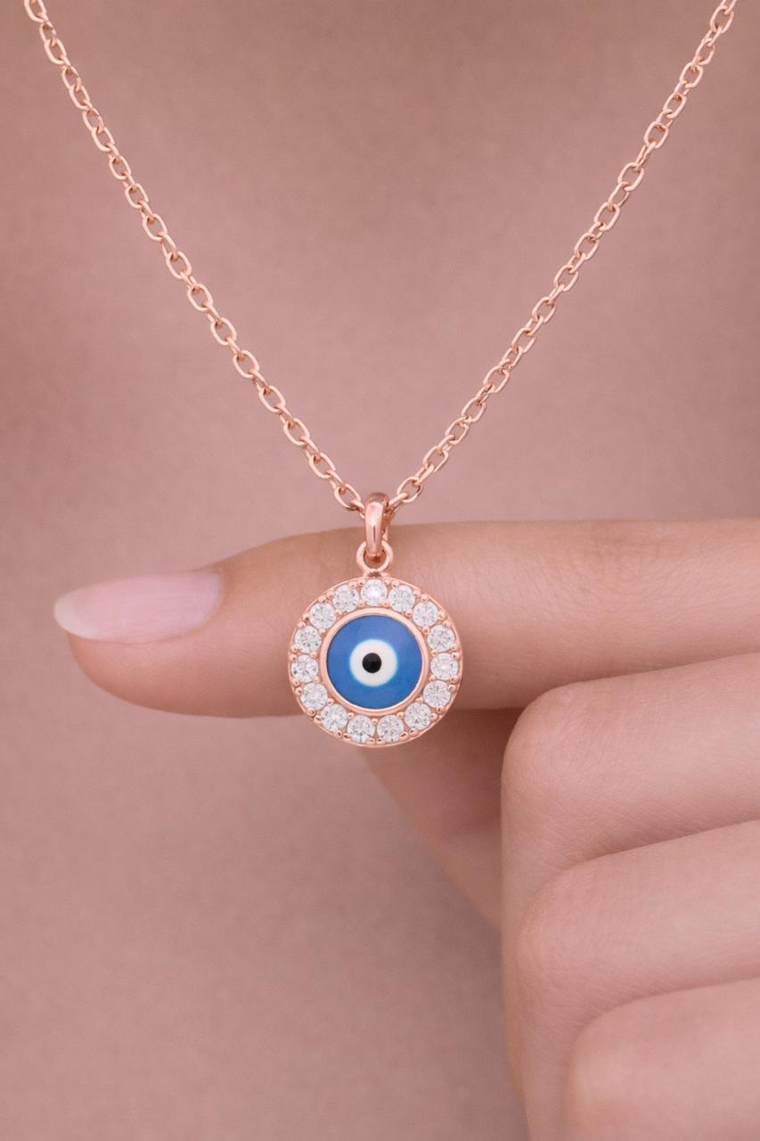 Rose Gold Finish Larry Evil Eye Pendant with Chain on Pure 925 Silver