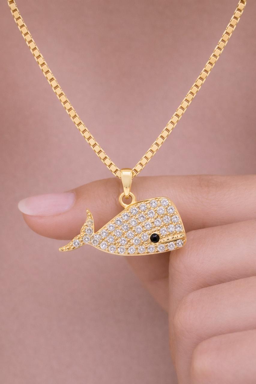 18k Gold Finish Diamond Studded Dolphin Pendant with Chain on Pure 925 Silver.
