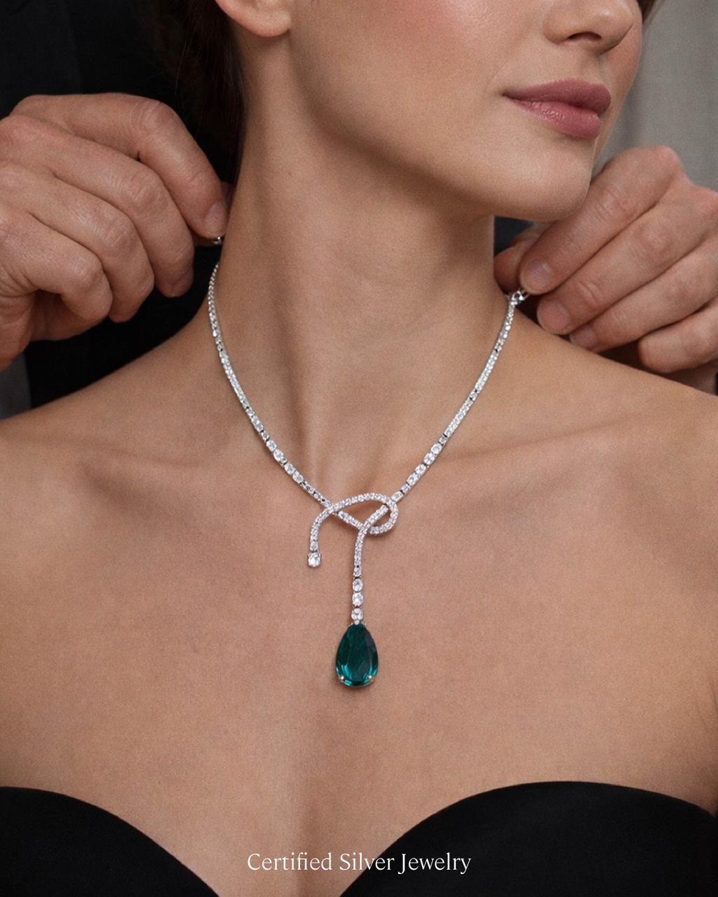 Ultra Premium Emerald Drop Doublet Necklace with Tapers, Baguettes and Round Cuts on Pure 925 Silver