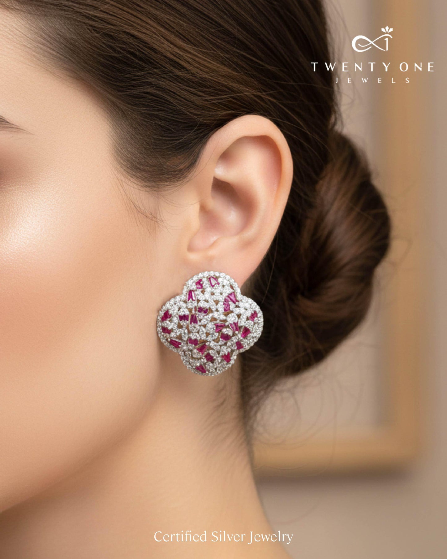 Ultra Premium Cluster Clovia Stud Earrings with Ruby and American Diamond Taper Diamonds on Pure 925 Silver