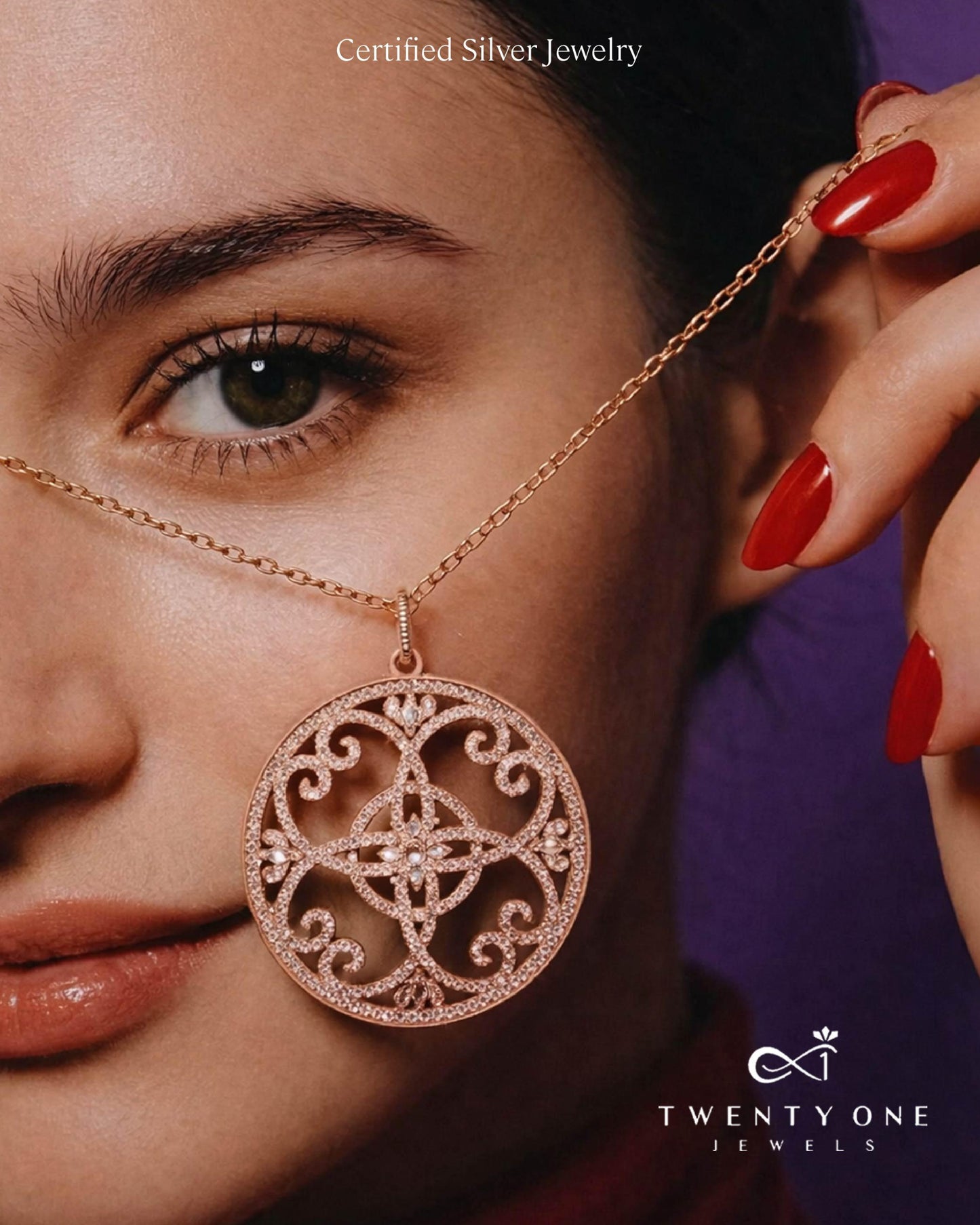 Rose Gold Finish Crysta Premium Pendant with Chain on Pure 925 Silver