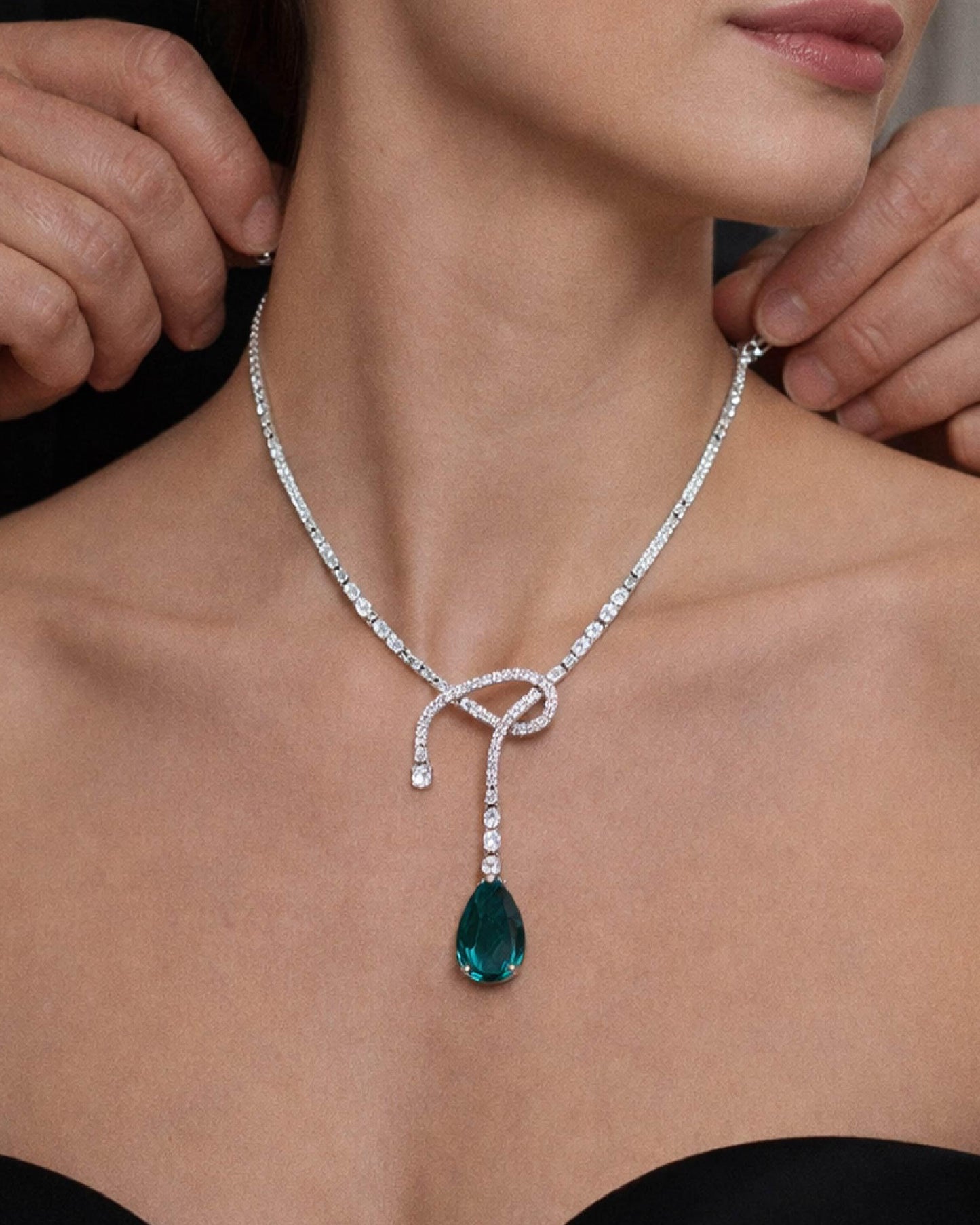 Ultra Premium Emerald Drop Doublet Necklace with Tapers, Baguettes and Round Cuts on Pure 925 Silver