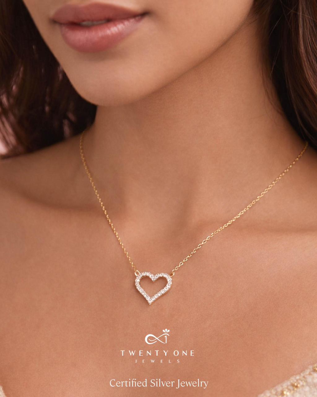 18k Gold Finish Diamond Studded Alyssa Heart Pendant with Chain on Pure 925 Silver