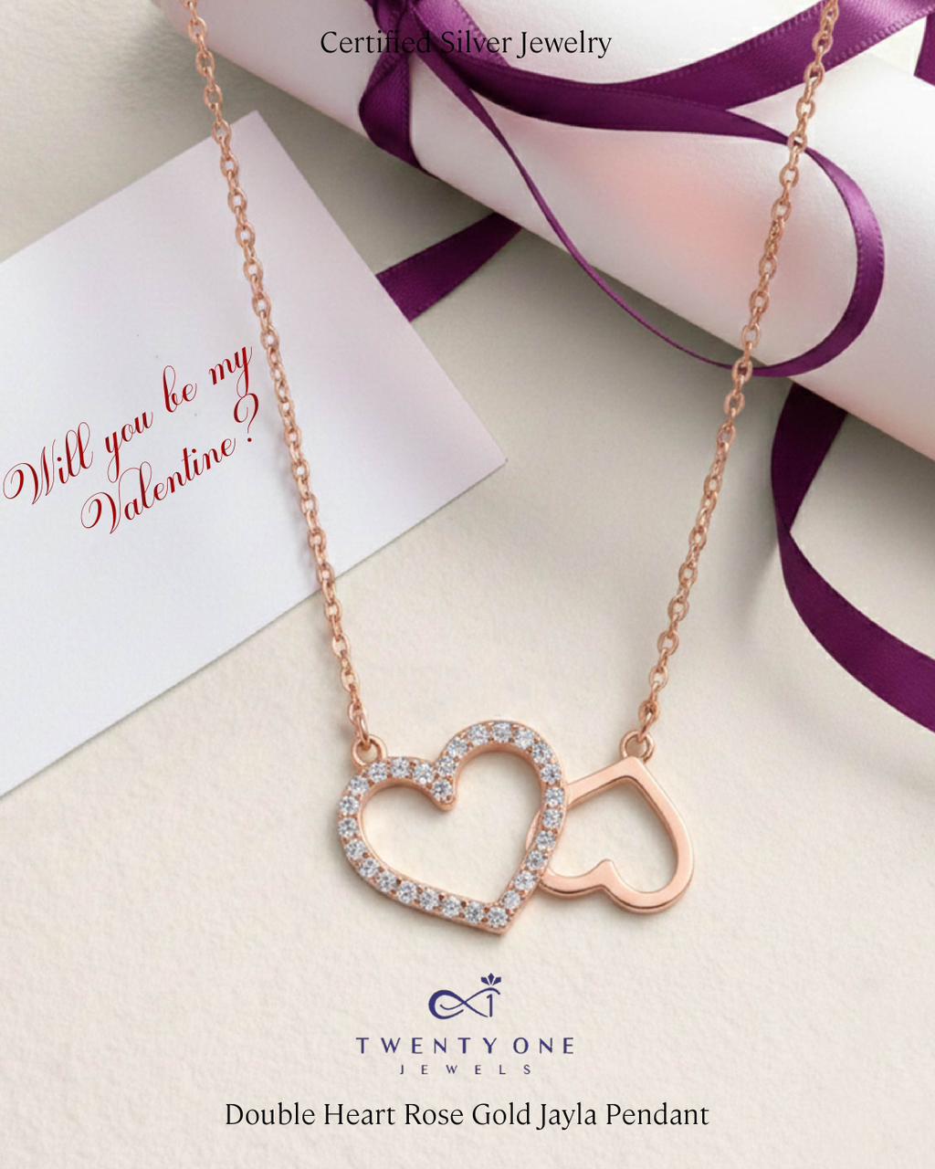 Double Heart Rose Gold Jayla Pendant on Pure 925 Silver