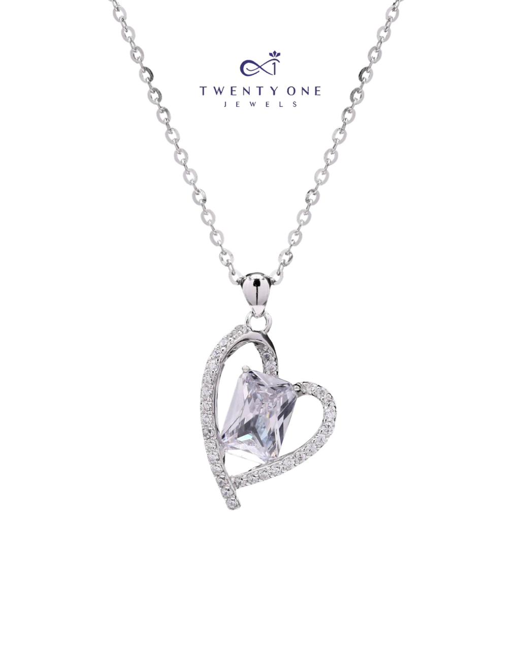 Janice Pure 925 Silver Heart Pendant with Emerald Cut Solitaire