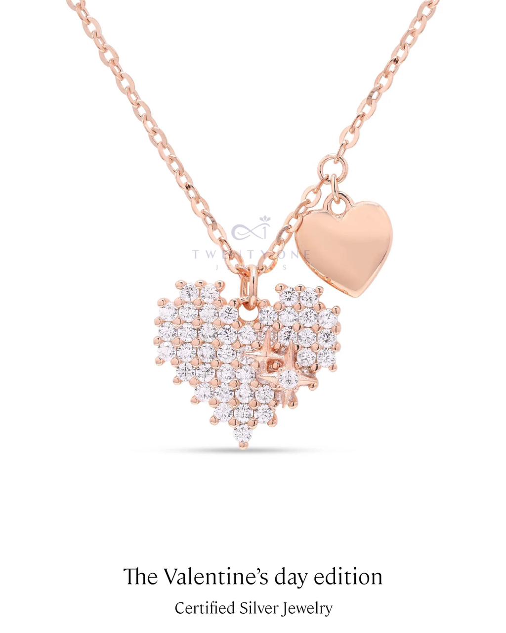 Rose Gold 3d Heart with Charms Pendant on Pure 925 Silver.