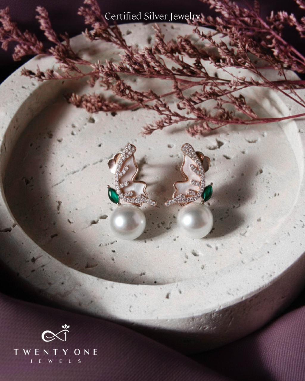 Ultra Premium Fresh Water Pearl Cocktail Stud Earrings with MOP and Green Emerald Marquise Detailing on Pure 925 Silver