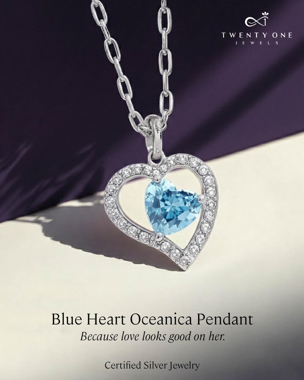 Blue Heart Oceanica Pendant With Chain On Pure 925 Silver