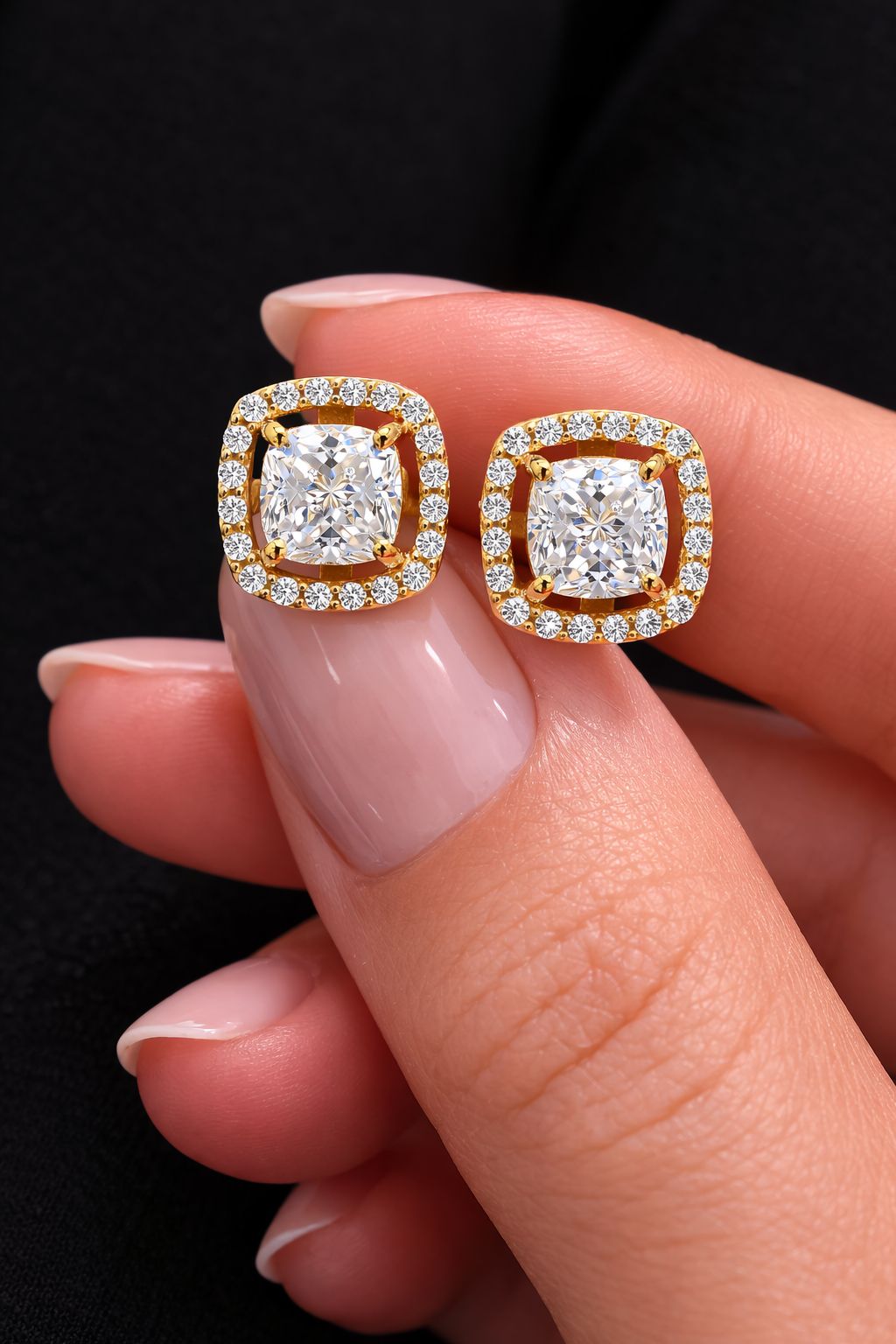 1.3 Carat Cushion Cut Katy Pure 925 Silver Solitaire Studs with Premium Screw Backs - 18k Gold Finish