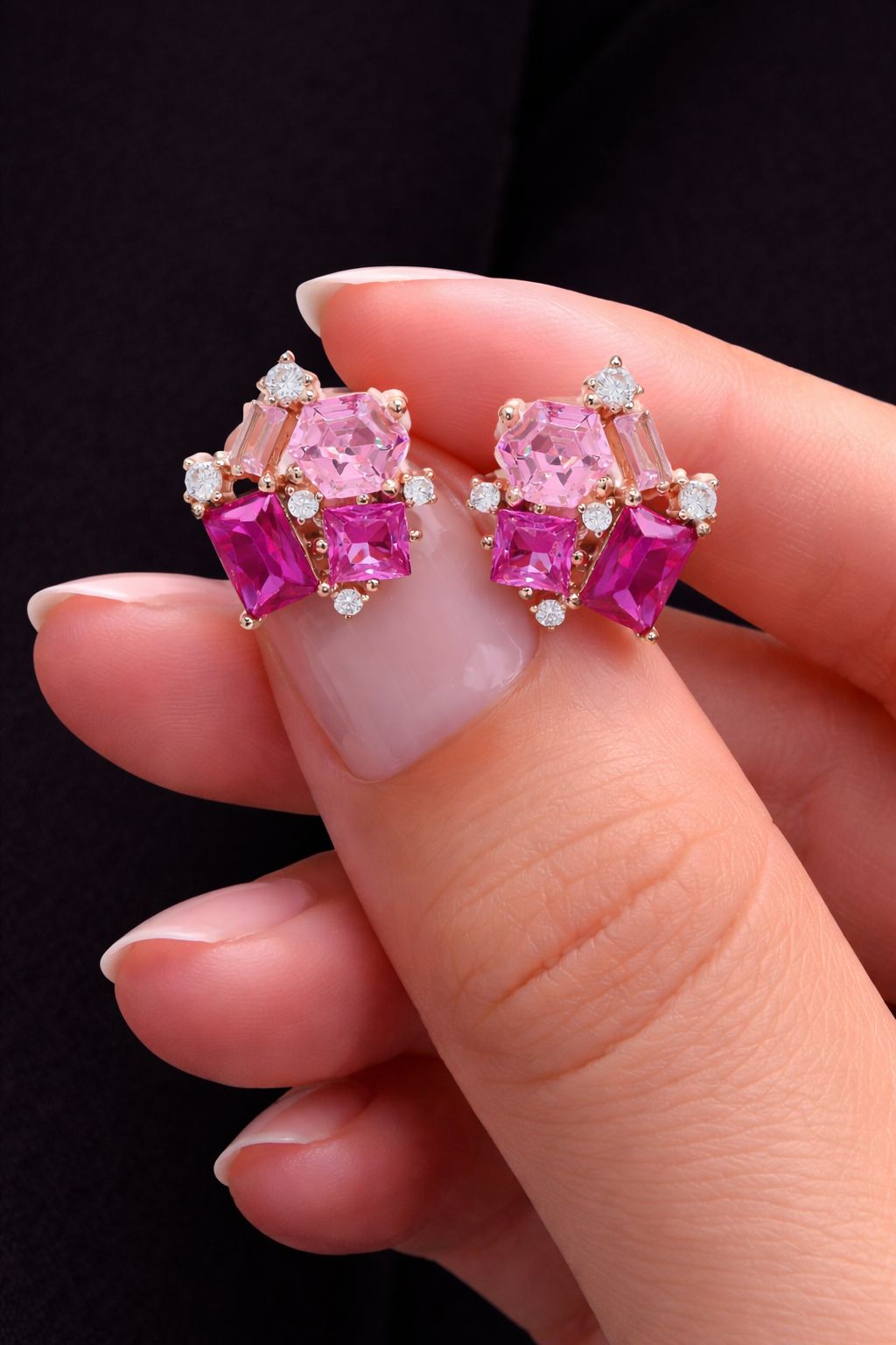 Premium Multi Shape Diamond Rose Gold Finish Pink Party Giva Stud Earrings on Pure 925 Silver