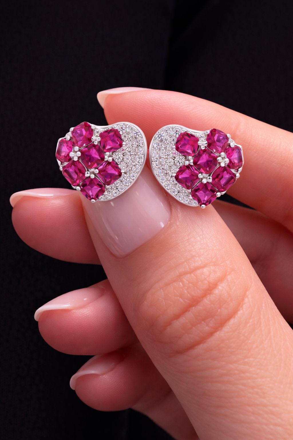 Italian Pave Setting Curvy Heart Bella Stud with Sugar Loaf Rubies on Pure 925 Silver