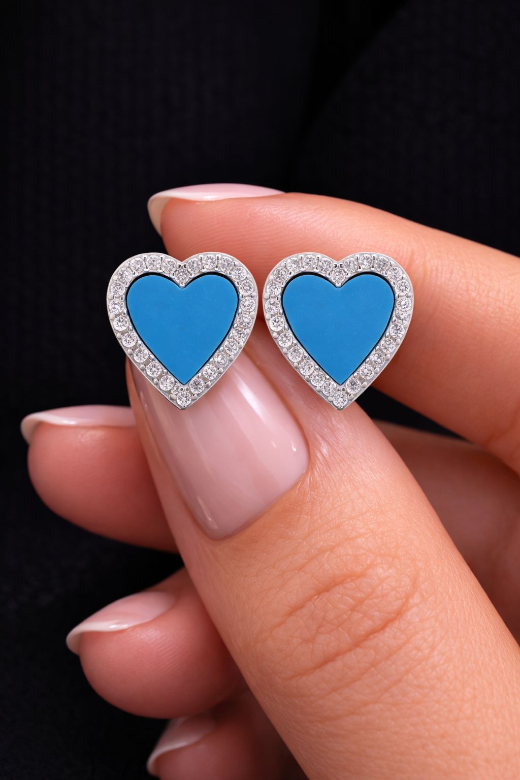 Blue Enamel Heart Studs with Diamond Border on Pure 925 Silver.