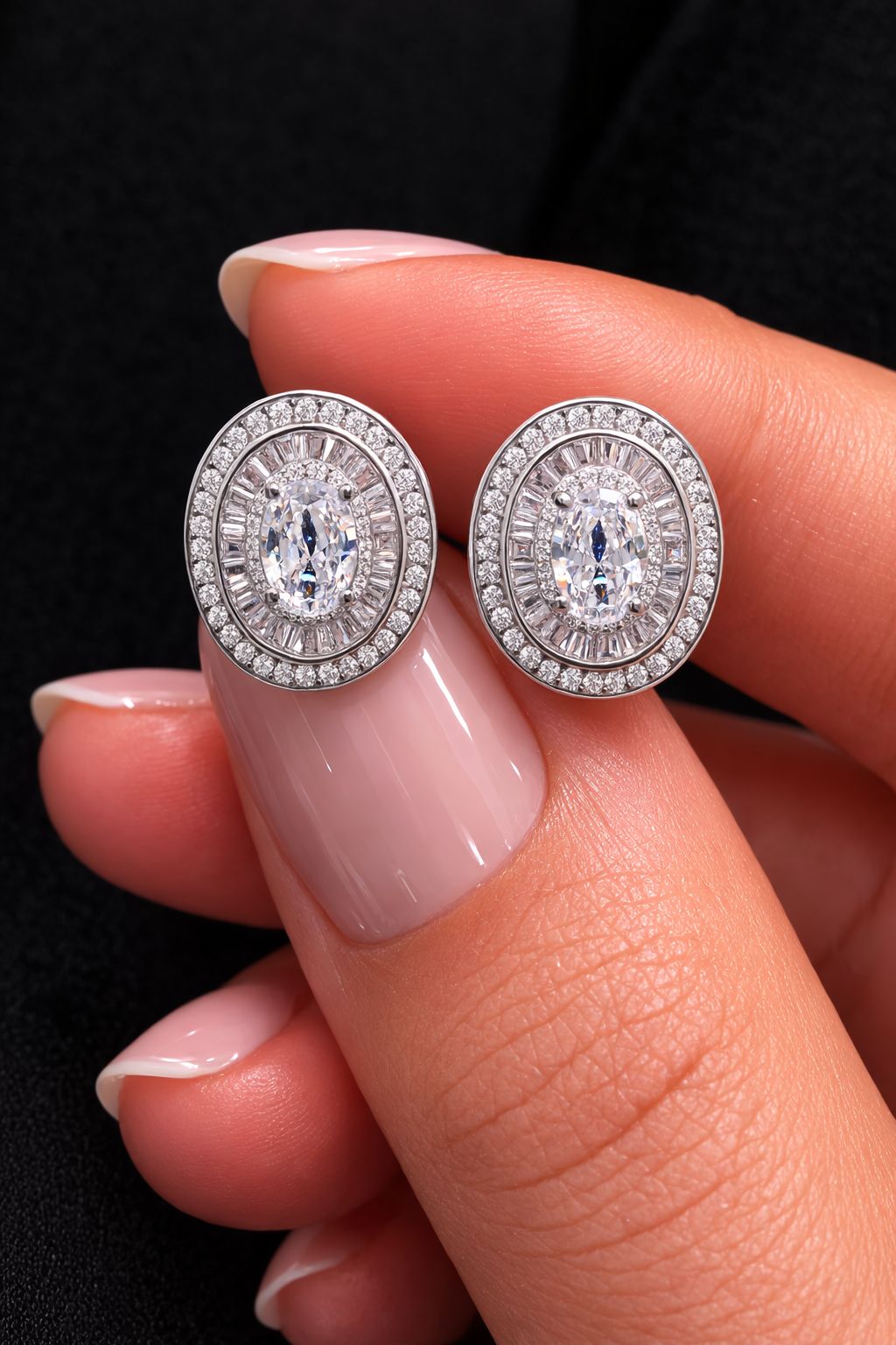 Premium 75 Cents Each Oval Solitaire Studs with Baguettes and Round Cuts on Pure 925 Silver