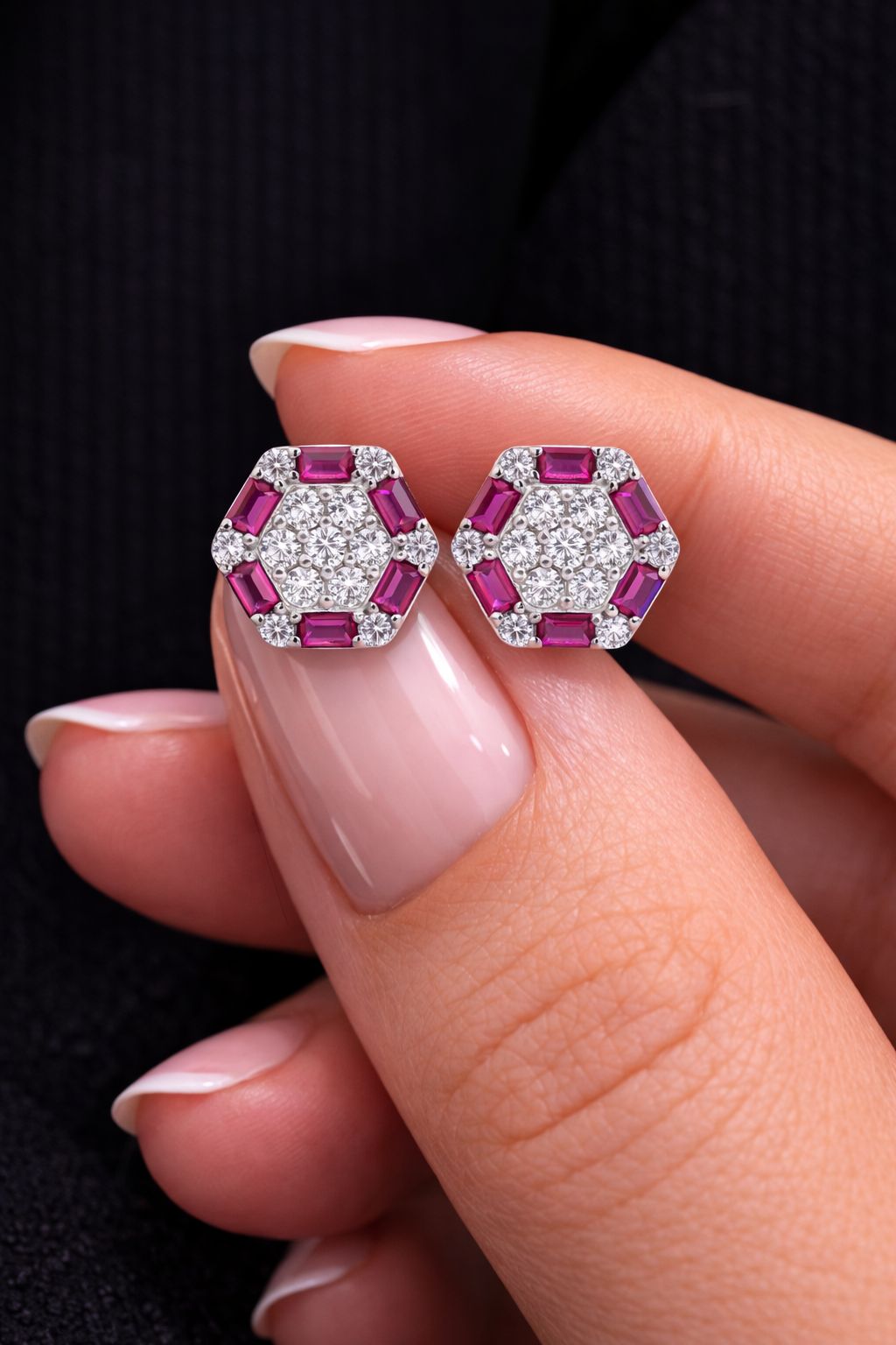 American Diamond Studded with Ruby Baguette Alanna Stud on Pure 925 Silver.