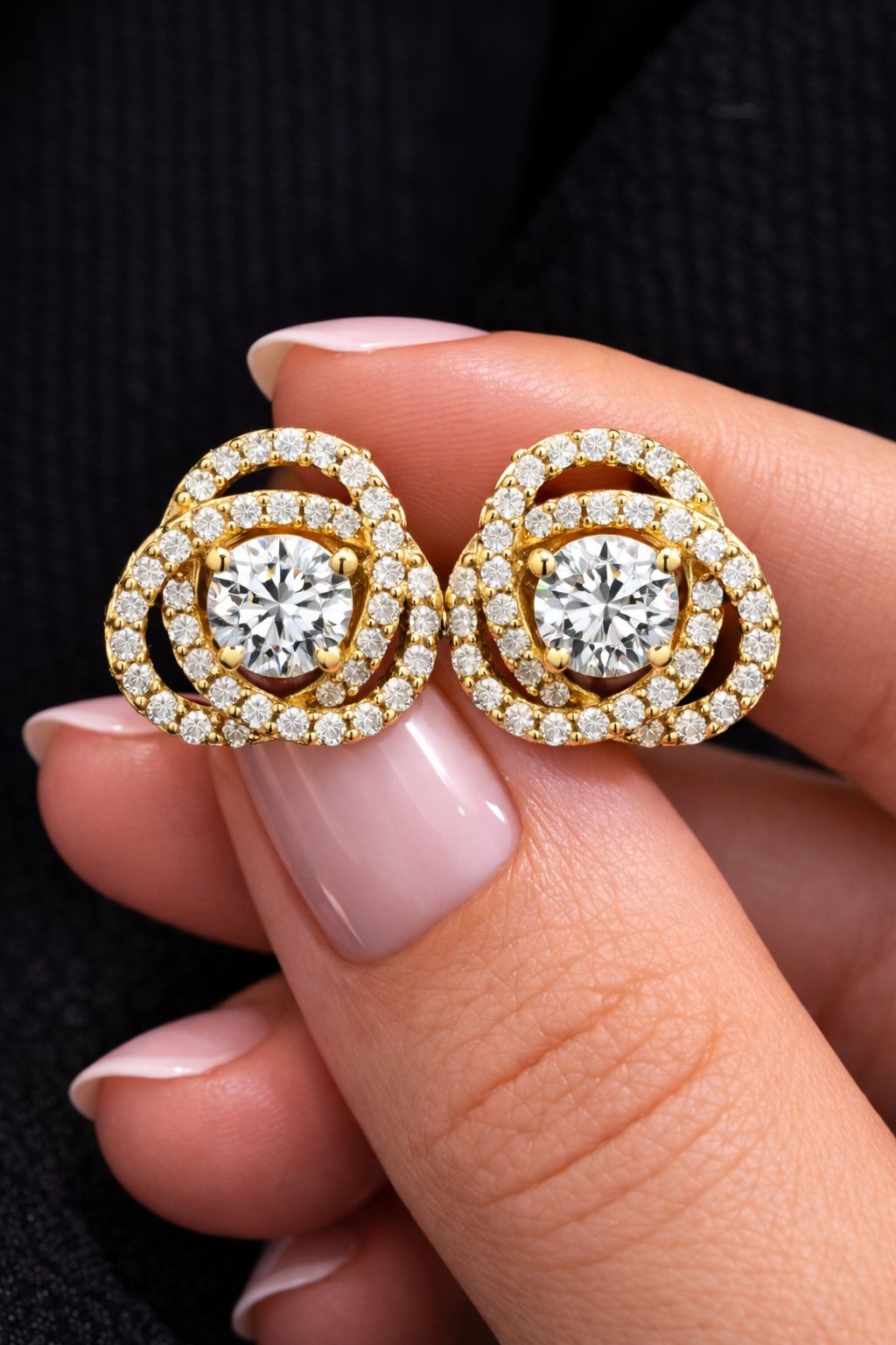 Intertwined Cluster Fauzia Solitaire Studs with Premium Screw Backs-18k Gold Finish