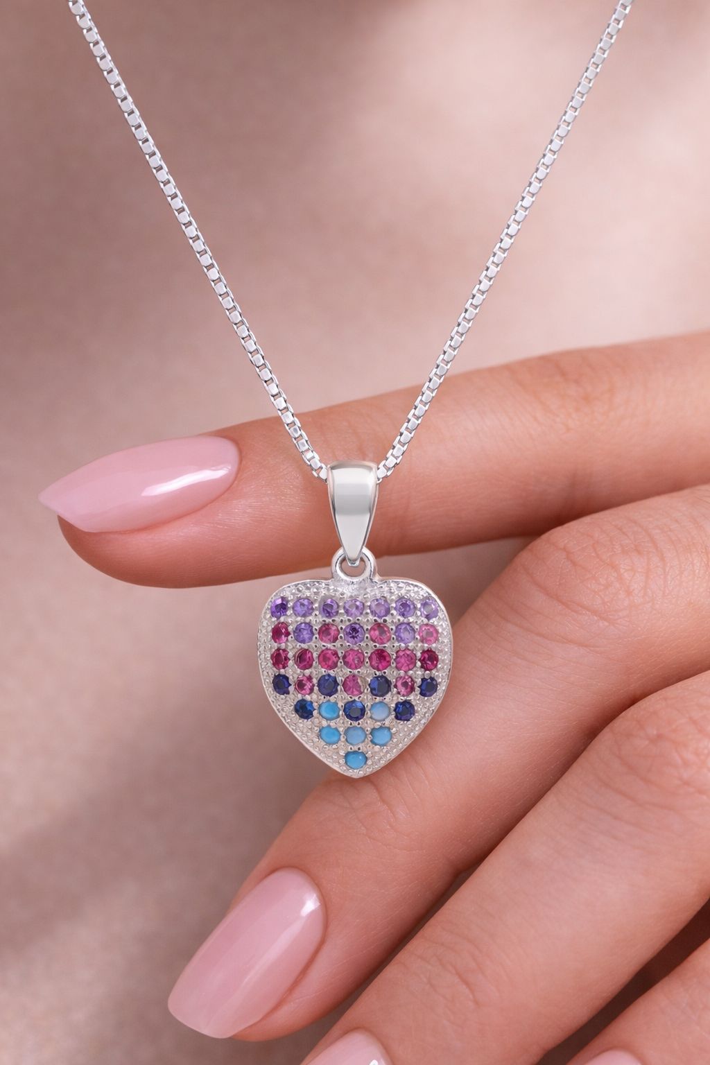 Rainbow Heart Betty Pendant with chain on pure 925 Silver.