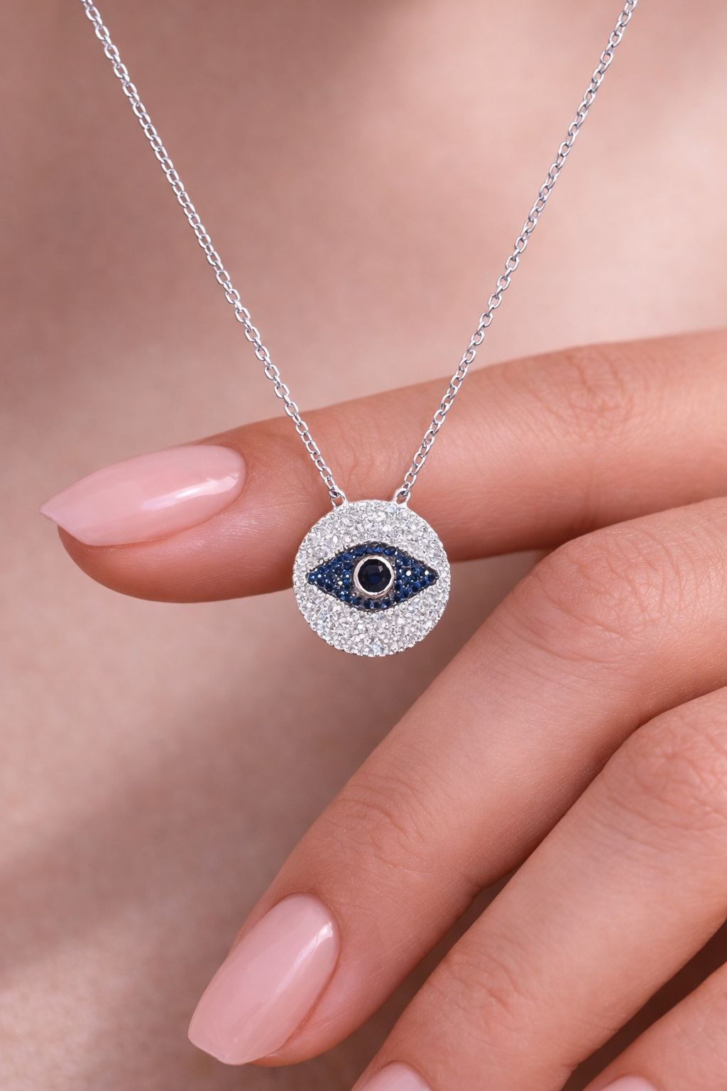 American Diamond Studded Aria Evil Eye Pendant with Chain on Pure 925 Silver.
