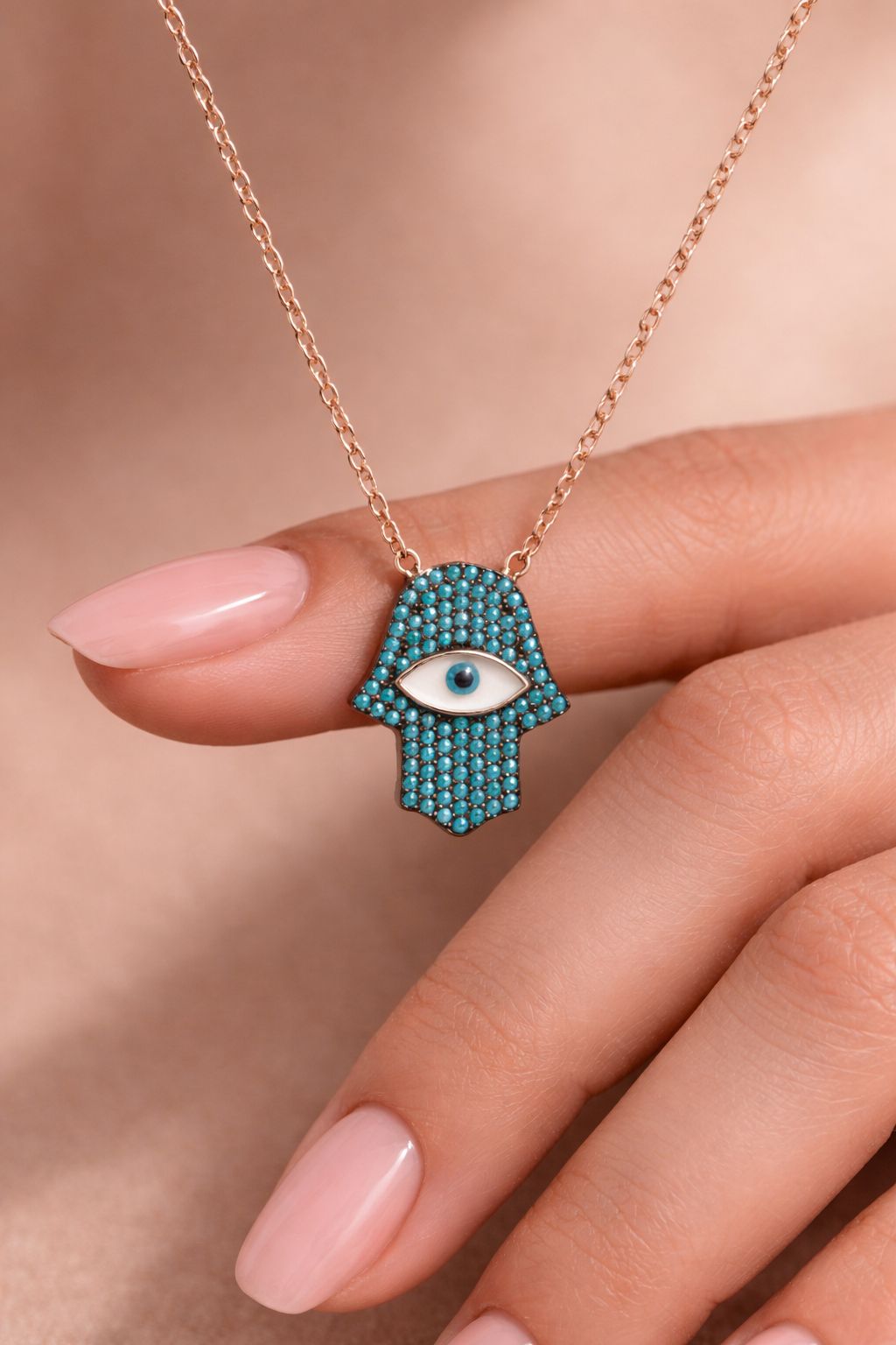 Blue Sapphire Hamza Hand with Evil Eye Rose Gold Pendant with chain on Pure 925 Silver