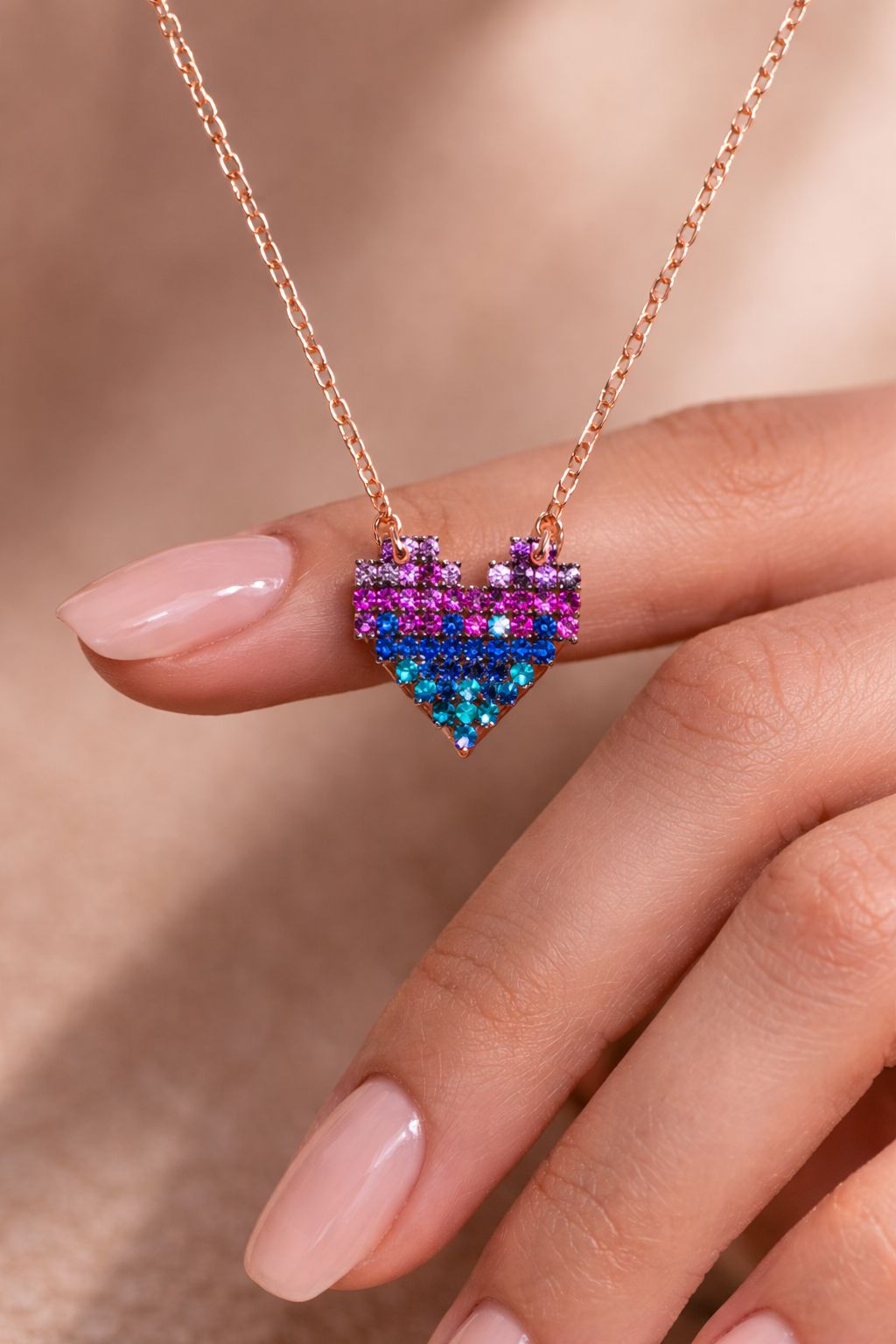 Rose Gold Multicoloured 3D Heart Cora Pendant with chain pure 925 Silver