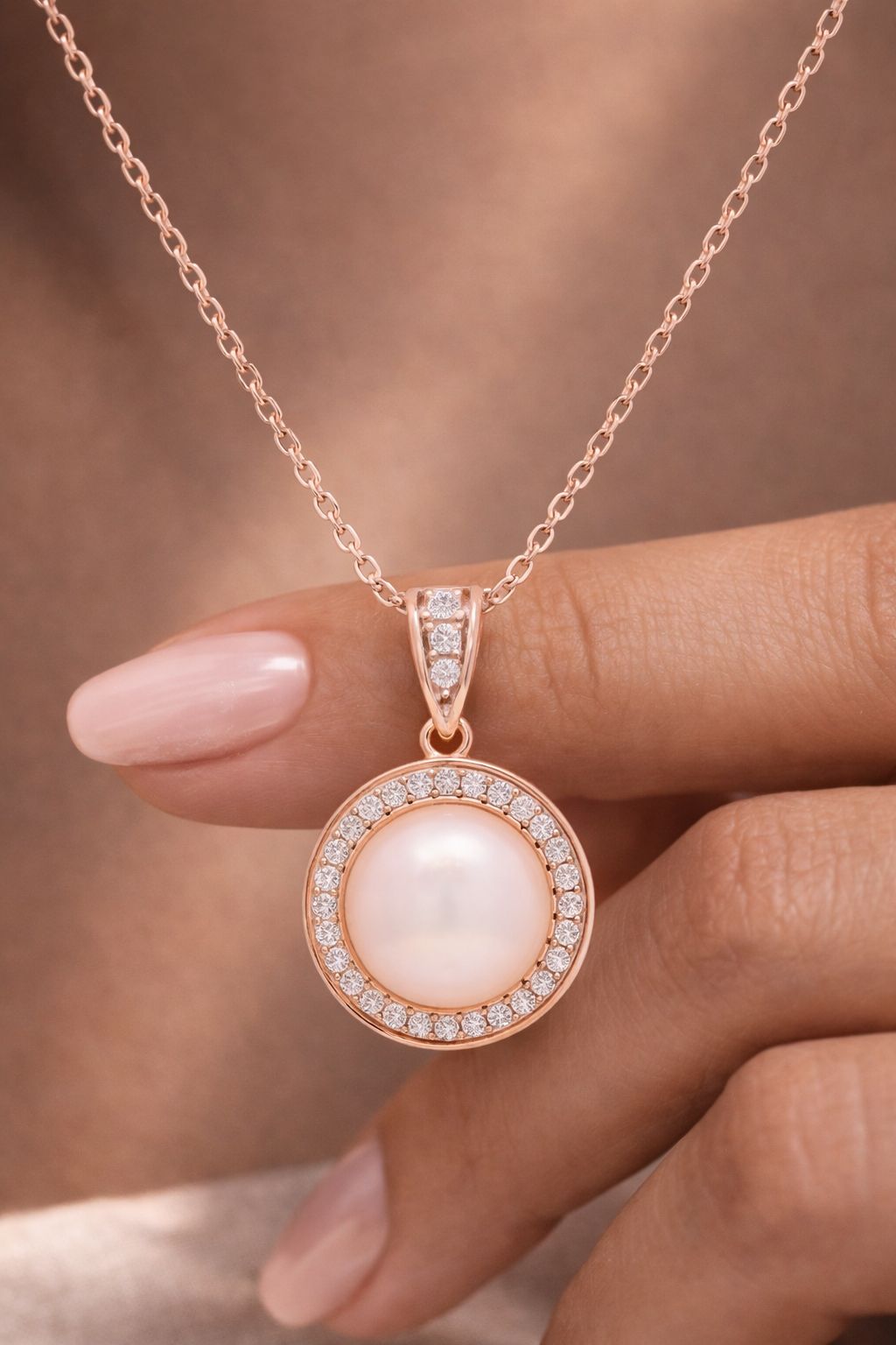 Rose Gold Diamond studded Reyna Pearl Pendant with Chain on Pure 925 Silver.