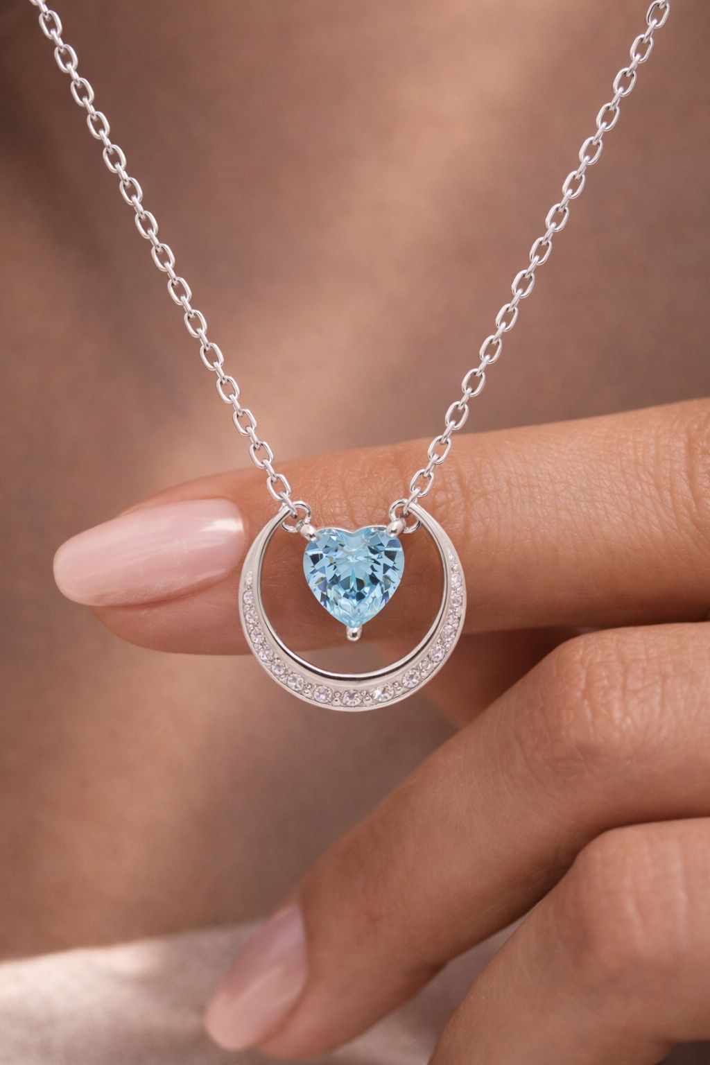 Blue Heart Solitaire and Diamond Studded  Moon Pendant with chain on pure 925 Silver