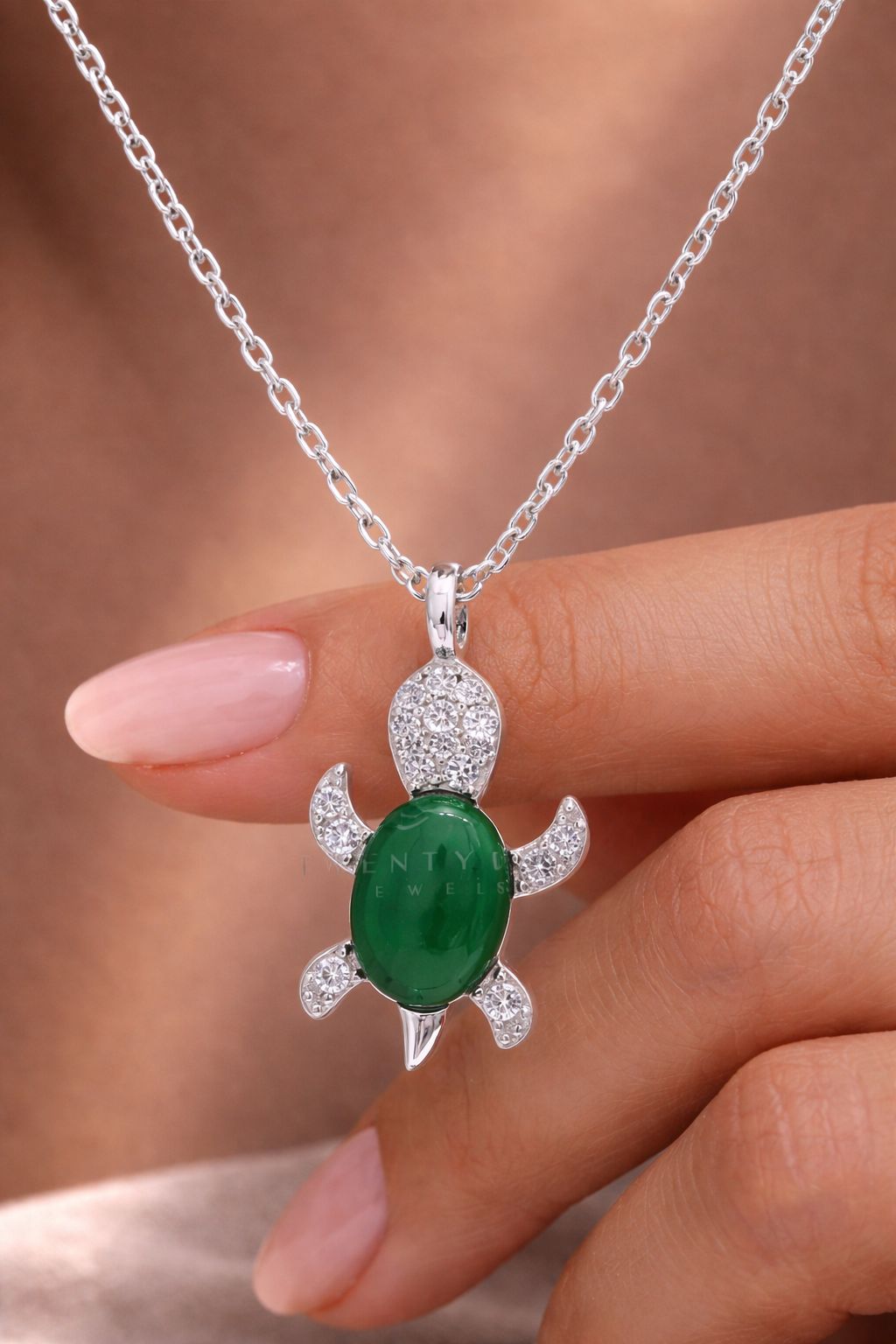 Green Emerald and Diamond Studded Lucky Tortoise Pendant with Chain on Pure 925 Silver