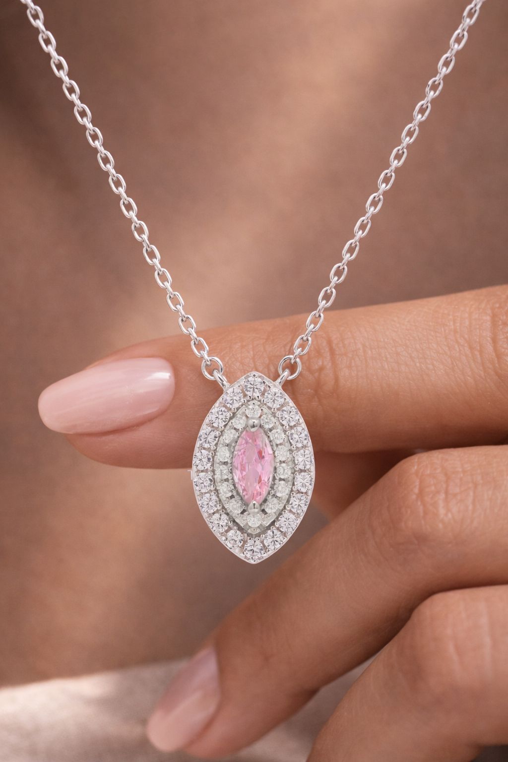 American Diamond Studded Pink Marquise Pendant with Chain on Pure 925 Silver